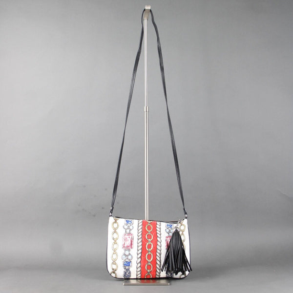 Brighton 10 x 8 1 White Red Multi Black Trim Cotton Poly Crossbody  AS IS Purse