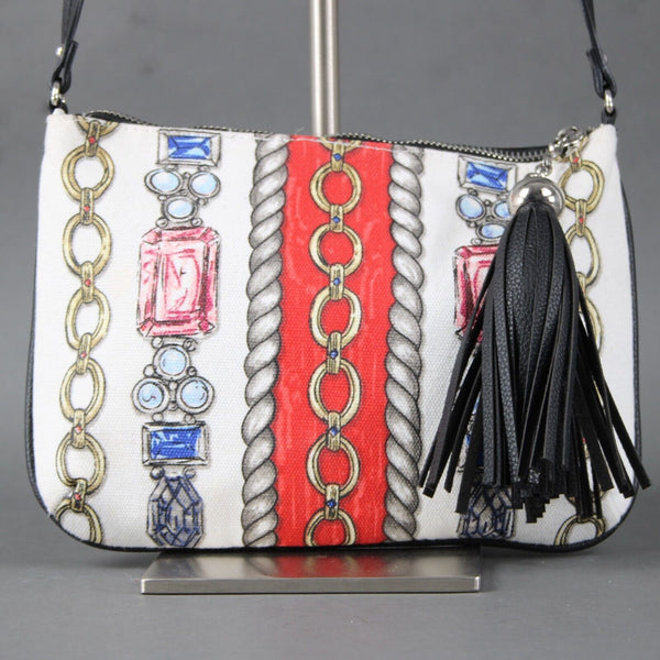 Brighton 10 x 8 1 White Red Multi Black Trim Cotton Poly Crossbody  AS IS Purse