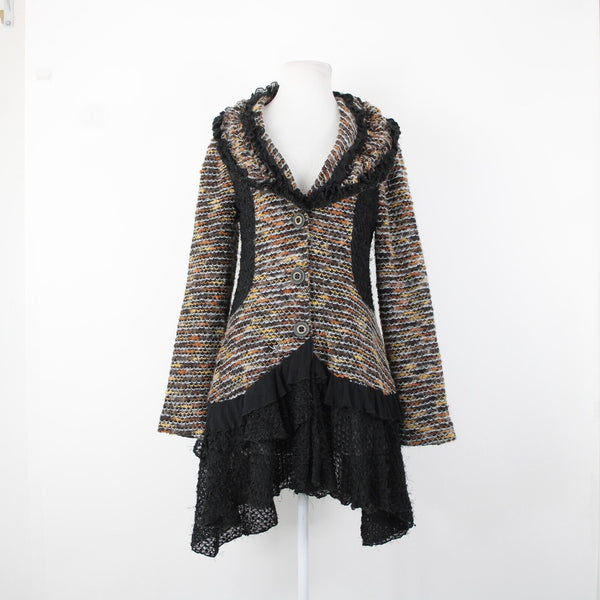 Nicole Sabbattinni Sz M Black Brown White Lined Buttons Acrylic Wool Poly Jacket