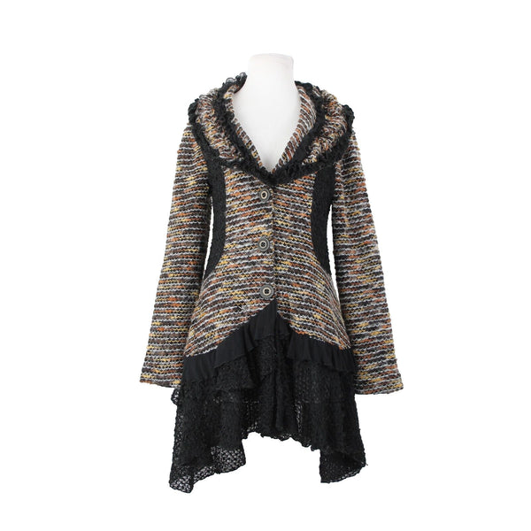 Nicole Sabbattinni Sz M Black Brown White Lined Buttons Acrylic Wool Poly Jacket