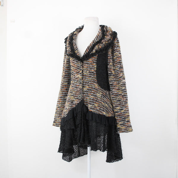 Nicole Sabbattinni Sz M Black Brown White Lined Buttons Acrylic Wool Poly Jacket