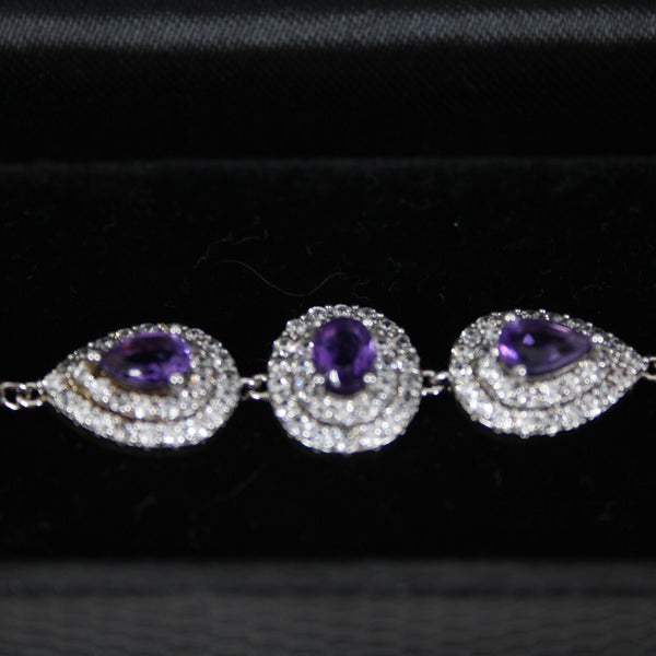 Gold Coast Silver Tone Amethyst CZ Platinum Plated 7.5" Ext 2" Bracelet