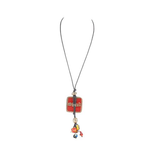 Chicos 18" Black Leather 23" Red Multi Colored Beaded Dangle Necklace