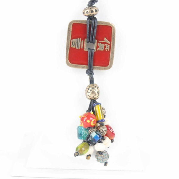 Chicos 18" Black Leather 23" Red Multi Colored Beaded Dangle Necklace