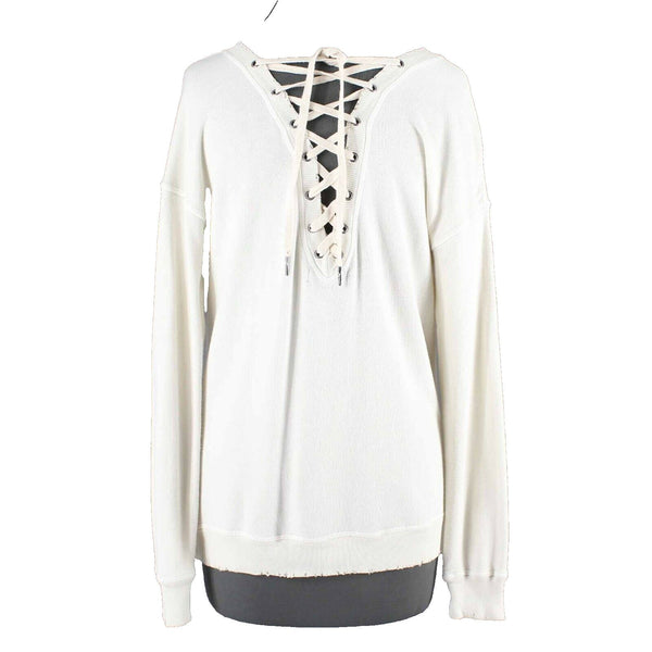 Philanthropy Sz XS Cream Tan Distressed Lace Up Back Cotton Blend Sweater