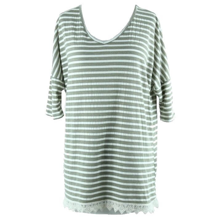 Kori America Sz S Moss Cream Stripe Lace Hem Drop Shoulder Cotton Poly Top