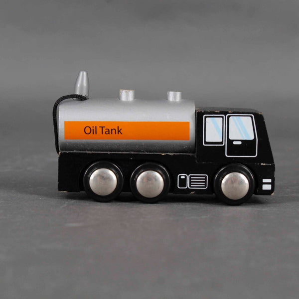 Wood 3.5" Black Silver Oil Tank Truck Toy