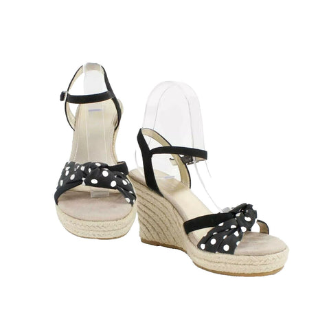 Arizona Sz 6.5M Black White Woven Polka Dots Fabric Upper 3.5" Wedge Heel