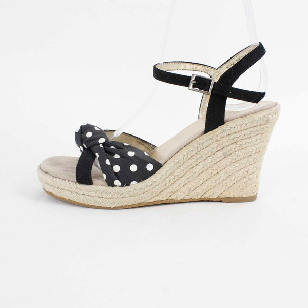 Arizona Sz 6.5M Black White Woven Polka Dots Fabric Upper 3.5" Wedge Heel