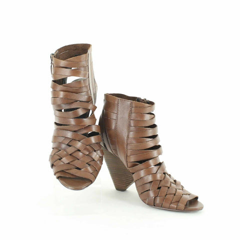 Trouve Sz 8M Brown Strappy Ankle Zip Open Genuine Leather High Heel Booty