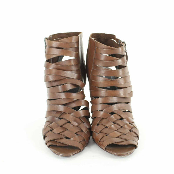 Trouve Sz 8M Brown Strappy Ankle Zip Open Genuine Leather High Heel Booty