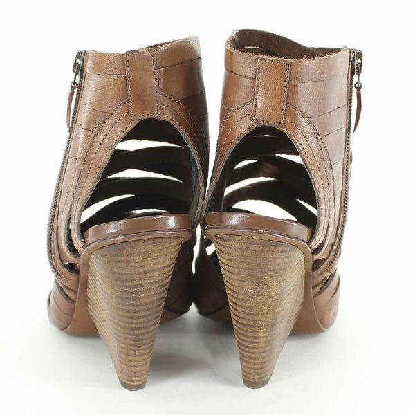 Trouve Sz 8M Brown Strappy Ankle Zip Open Genuine Leather High Heel Booty
