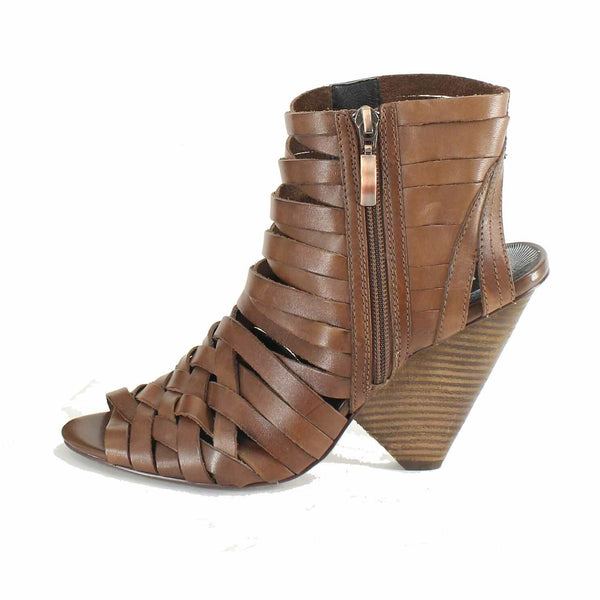 Trouve Sz 8M Brown Strappy Ankle Zip Open Genuine Leather High Heel Booty