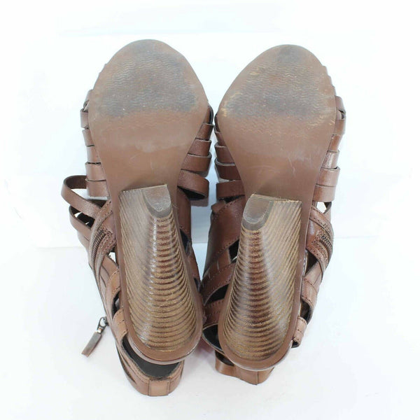 Trouve Sz 8M Brown Strappy Ankle Zip Open Genuine Leather High Heel Booty