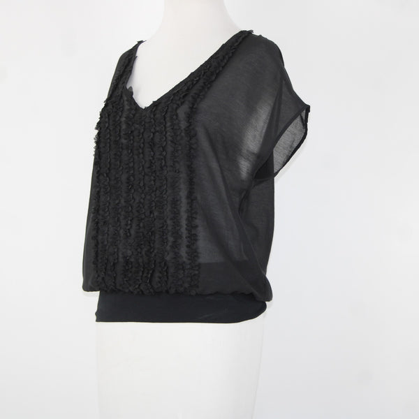 Isda Co NEW $163 Clipped Sz S Black Sheer V Neck Short Sleeve Poly Cotton Top