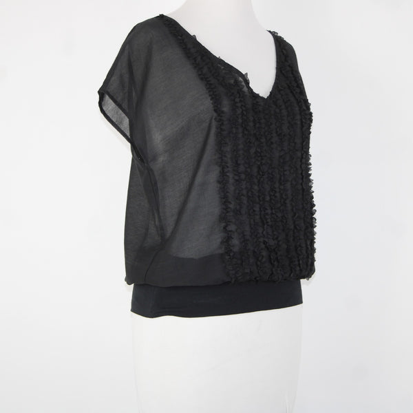 Isda Co NEW $163 Clipped Sz S Black Sheer V Neck Short Sleeve Poly Cotton Top