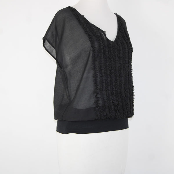 Isda Co NEW $163 Clipped Sz S Black Sheer V Neck Short Sleeve Poly Cotton Top