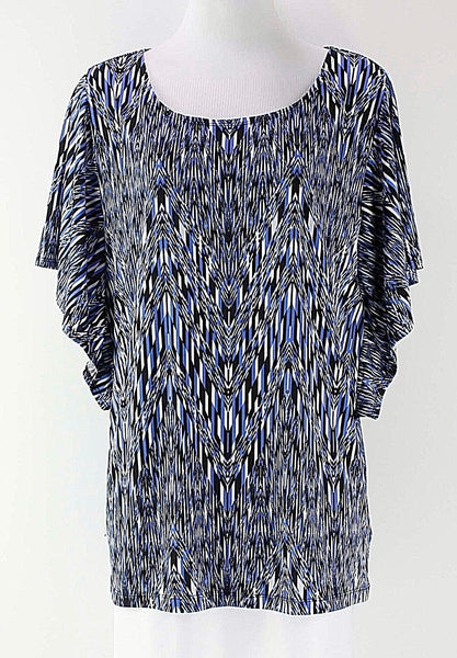 AGB Sz M Blue Black White Poly Blend Butterfly Sleeve Top