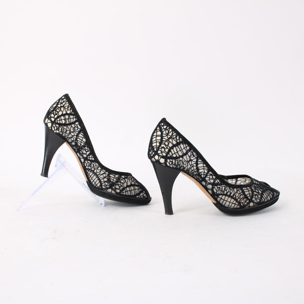 Pollini Heels Sz 36.5 Black Mesh Embroid Open Toe Leather Suede AS IS 3.5" Heels