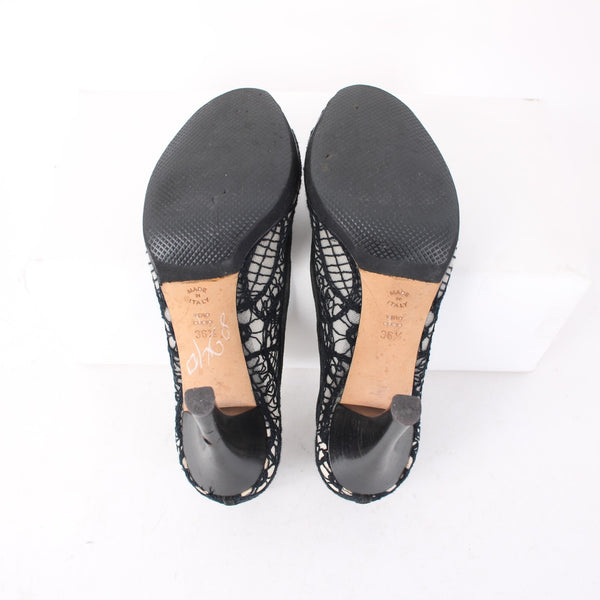 Pollini Heels Sz 36.5 Black Mesh Embroid Open Toe Leather Suede AS IS 3.5" Heels