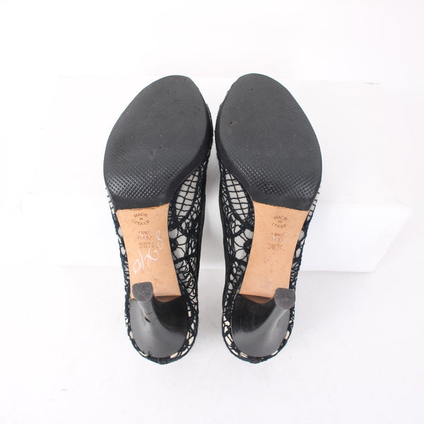 Pollini Heels Sz 36.5 Black Mesh Embroid Open Toe Leather Suede AS IS 3.5" Heels