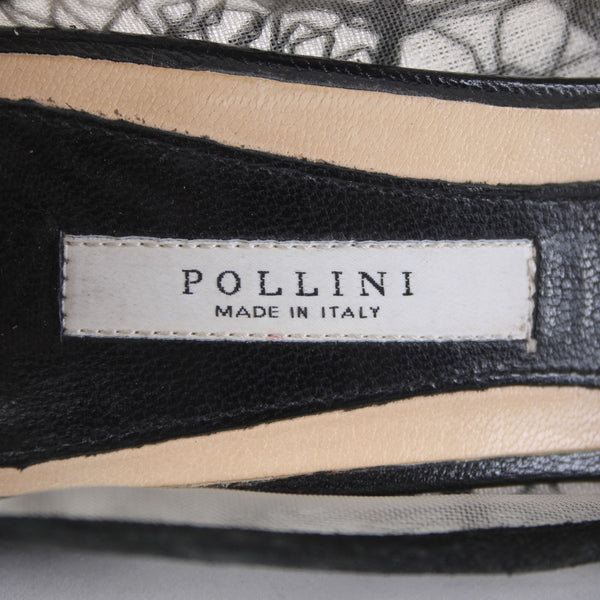 Pollini Heels Sz 36.5 Black Mesh Embroid Open Toe Leather Suede AS IS 3.5" Heels
