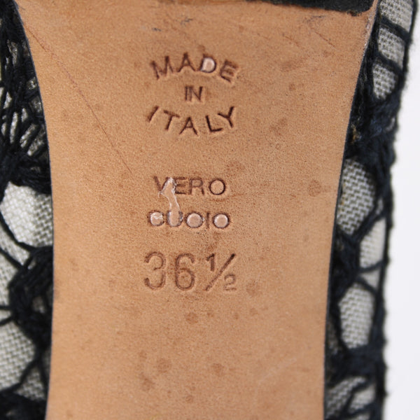 Pollini Heels Sz 36.5 Black Mesh Embroid Open Toe Leather Suede AS IS 3.5" Heels