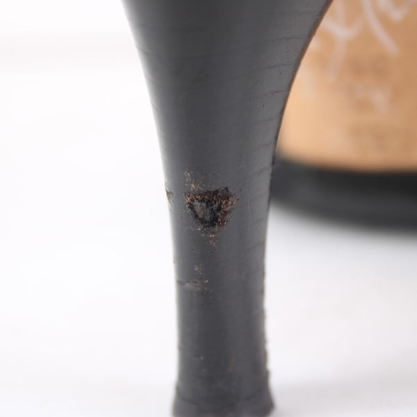 Pollini Heels Sz 36.5 Black Mesh Embroid Open Toe Leather Suede AS IS 3.5" Heels