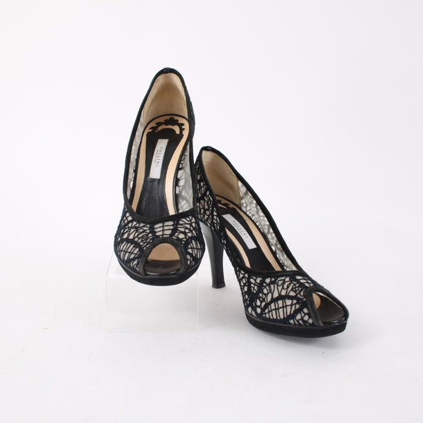 Pollini Heels Sz 36.5 Black Mesh Embroid Open Toe Leather Suede AS IS 3.5" Heels