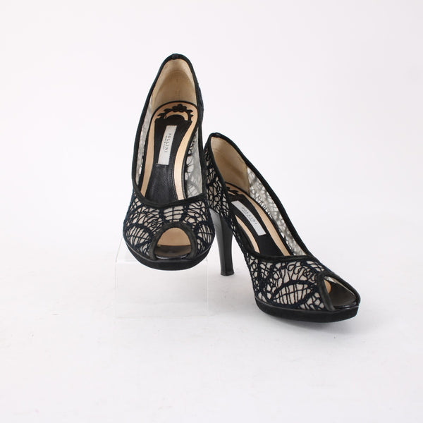 Pollini Heels Sz 36.5 Black Mesh Embroid Open Toe Leather Suede AS IS 3.5" Heels