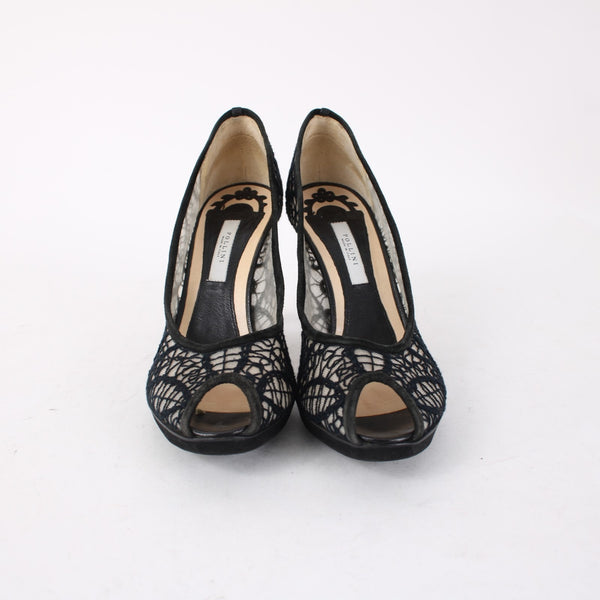 Pollini Heels Sz 36.5 Black Mesh Embroid Open Toe Leather Suede AS IS 3.5" Heels