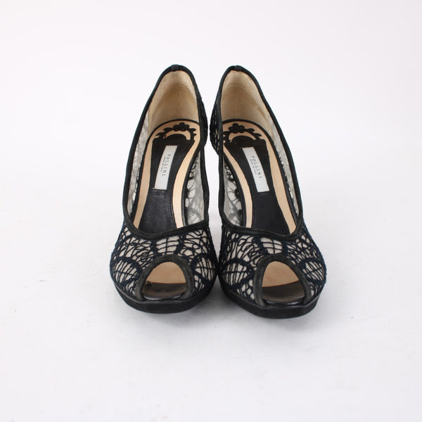 Pollini Heels Sz 36.5 Black Mesh Embroid Open Toe Leather Suede AS IS 3.5" Heels
