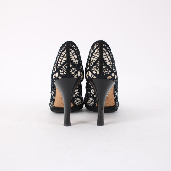 Pollini Heels Sz 36.5 Black Mesh Embroid Open Toe Leather Suede AS IS 3.5" Heels