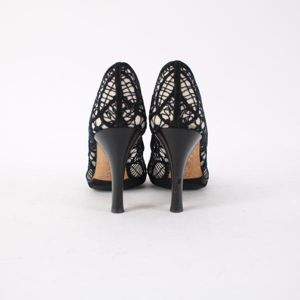 Pollini Heels Sz 36.5 Black Mesh Embroid Open Toe Leather Suede AS IS 3.5" Heels