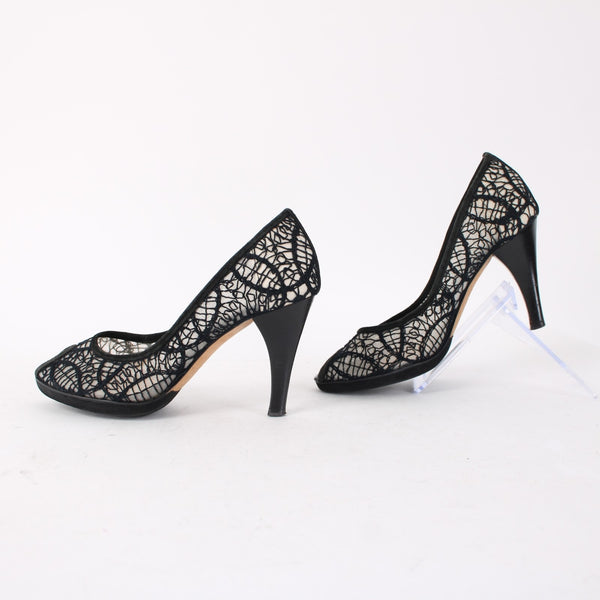 Pollini Heels Sz 36.5 Black Mesh Embroid Open Toe Leather Suede AS IS 3.5" Heels