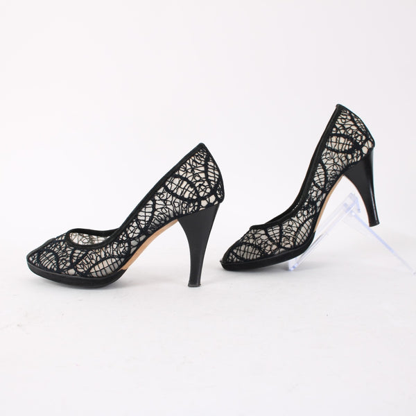 Pollini Heels Sz 36.5 Black Mesh Embroid Open Toe Leather Suede AS IS 3.5" Heels