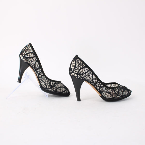 Pollini Heels Sz 36.5 Black Mesh Embroid Open Toe Leather Suede AS IS 3.5" Heels