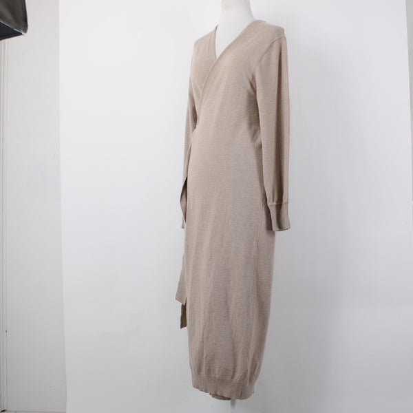 Exlura NEW Oatmeal Tan Knit Wool Blend Tie Wrap Belted Robe Dress