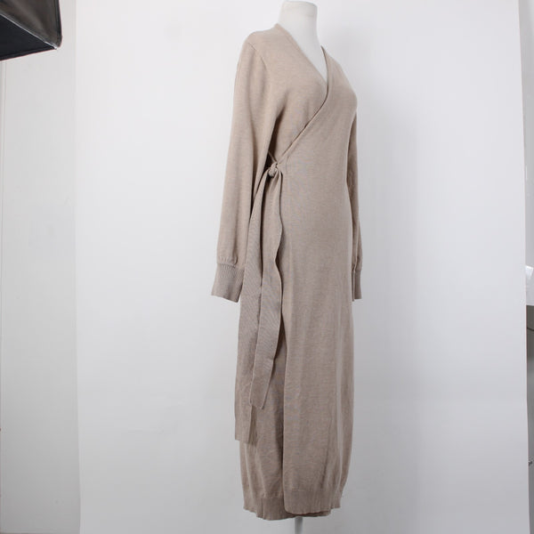 Exlura NEW Oatmeal Tan Knit Wool Blend Tie Wrap Belted Robe Dress