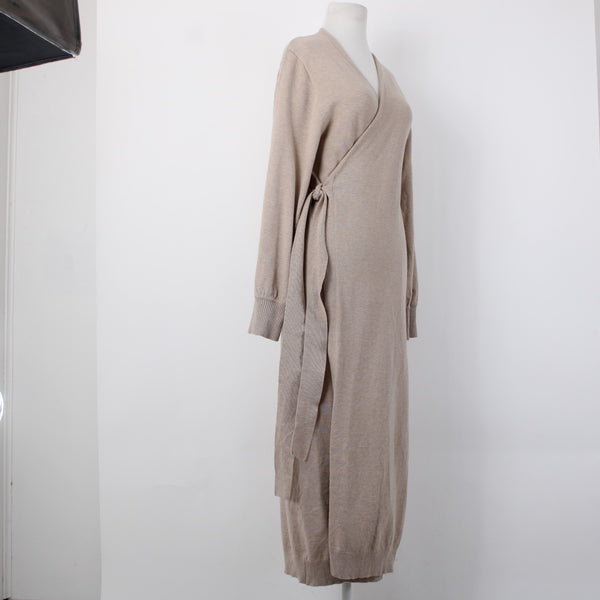Exlura NEW Oatmeal Tan Knit Wool Blend Tie Wrap Belted Robe Dress