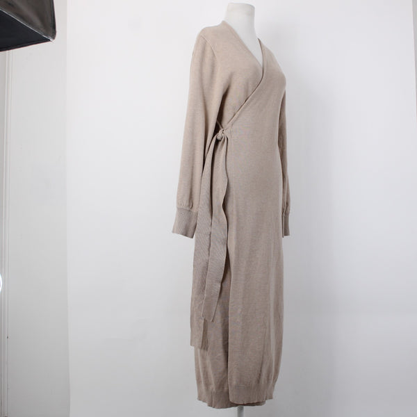 Exlura NEW Oatmeal Tan Knit Wool Blend Tie Wrap Belted Robe Dress