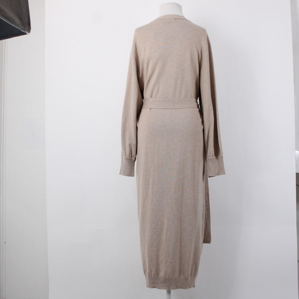Exlura NEW Oatmeal Tan Knit Wool Blend Tie Wrap Belted Robe Dress
