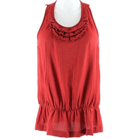Outback Red Sz L Red Ruffle High Neck Elastic Waist Rayon Blend Top