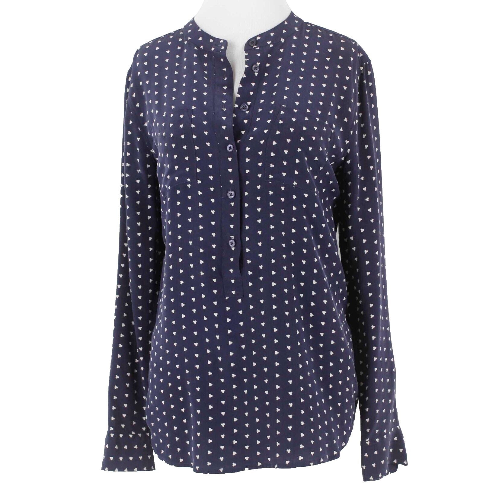 Equipment Femme Sz M Navy Blue Multi Pullover Button Tab Hi Lo Silk Top