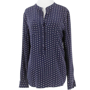 Equipment Femme Sz M Navy Blue Multi Pullover Button Tab Hi Lo Silk Top