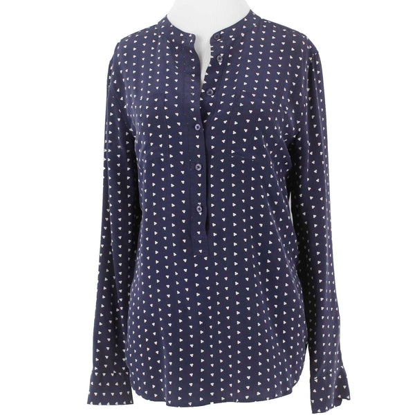 Equipment Femme Sz M Navy Blue Multi Pullover Button Tab Hi Lo Silk Top