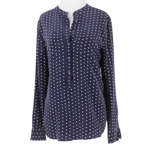 Equipment Femme Sz M Navy Blue Multi Pullover Button Tab Hi Lo Silk Top