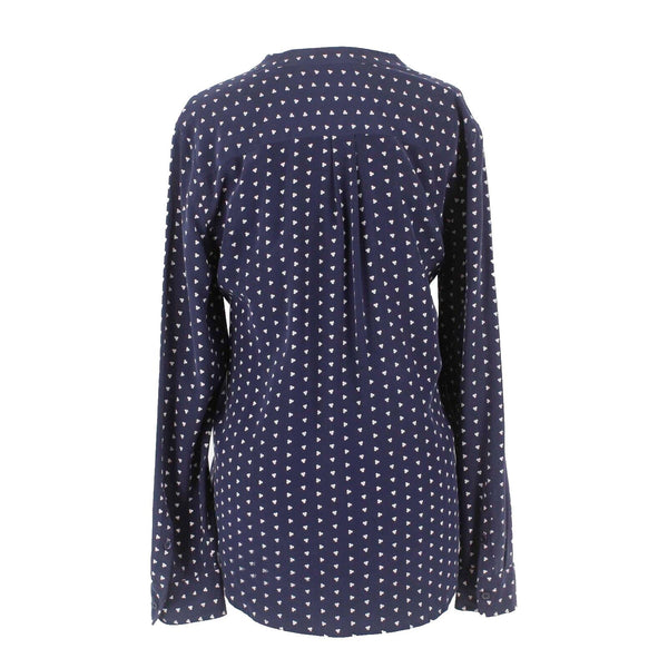 Equipment Femme Sz M Navy Blue Multi Pullover Button Tab Hi Lo Silk Top