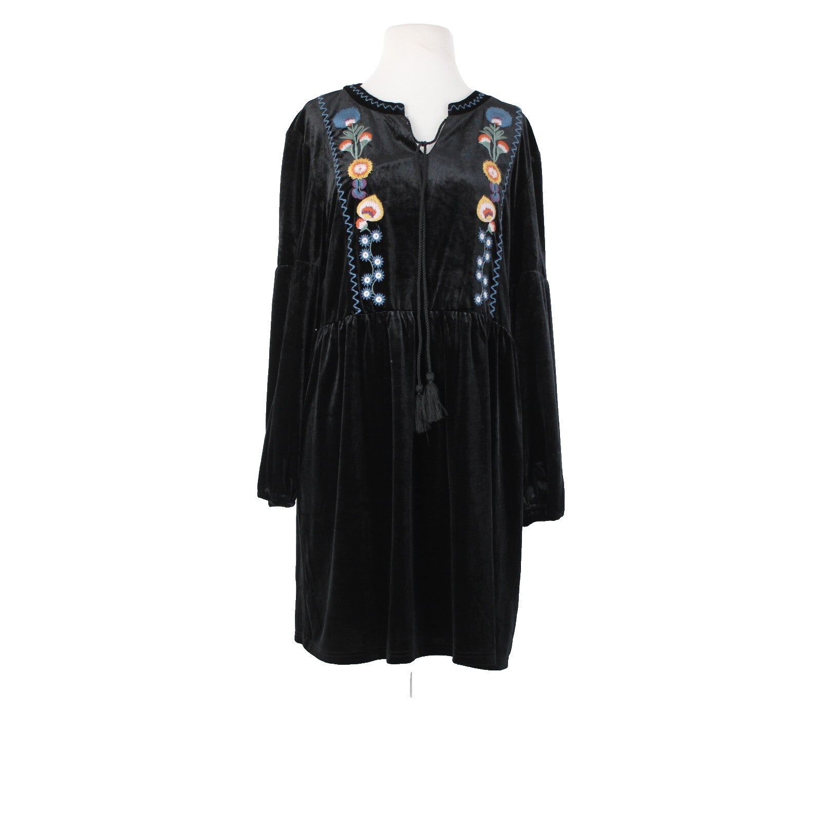 L Love Sz S Black Multi Color Embroidered Tasseled Velvet Poly Spandex Dress