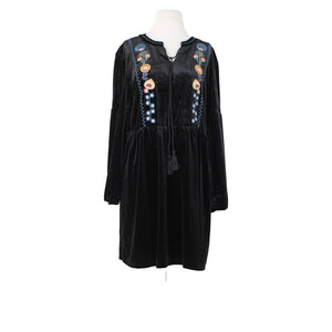 L Love Sz S Black Multi Color Embroidered Tasseled Velvet Poly Spandex Dress